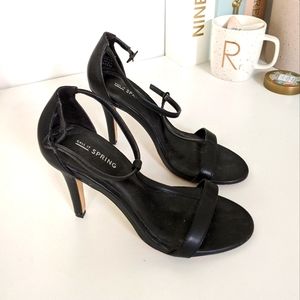 Black High Heel T-Strap Sandals - Size Seven